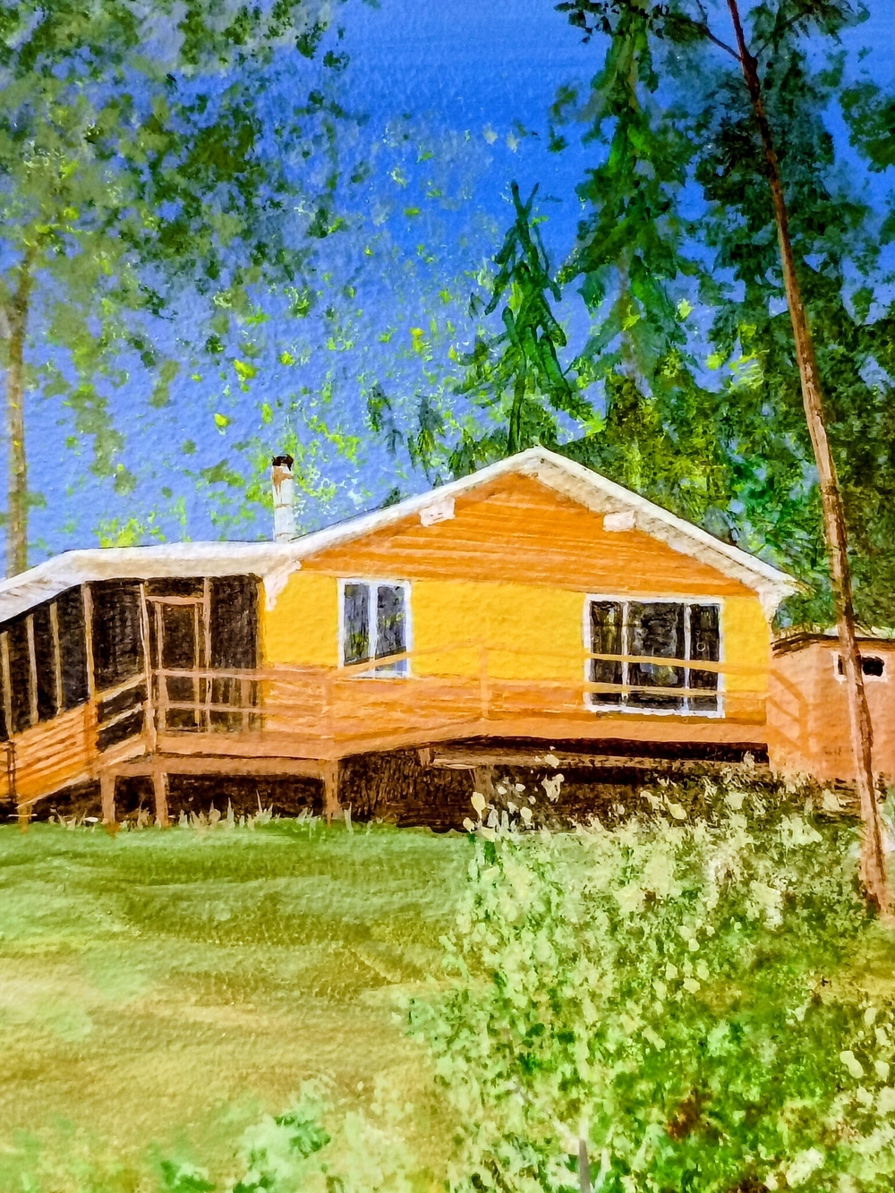 Vtg Painting 80s Acrylic Framed 17x14 Lake House Cabin Original Signed